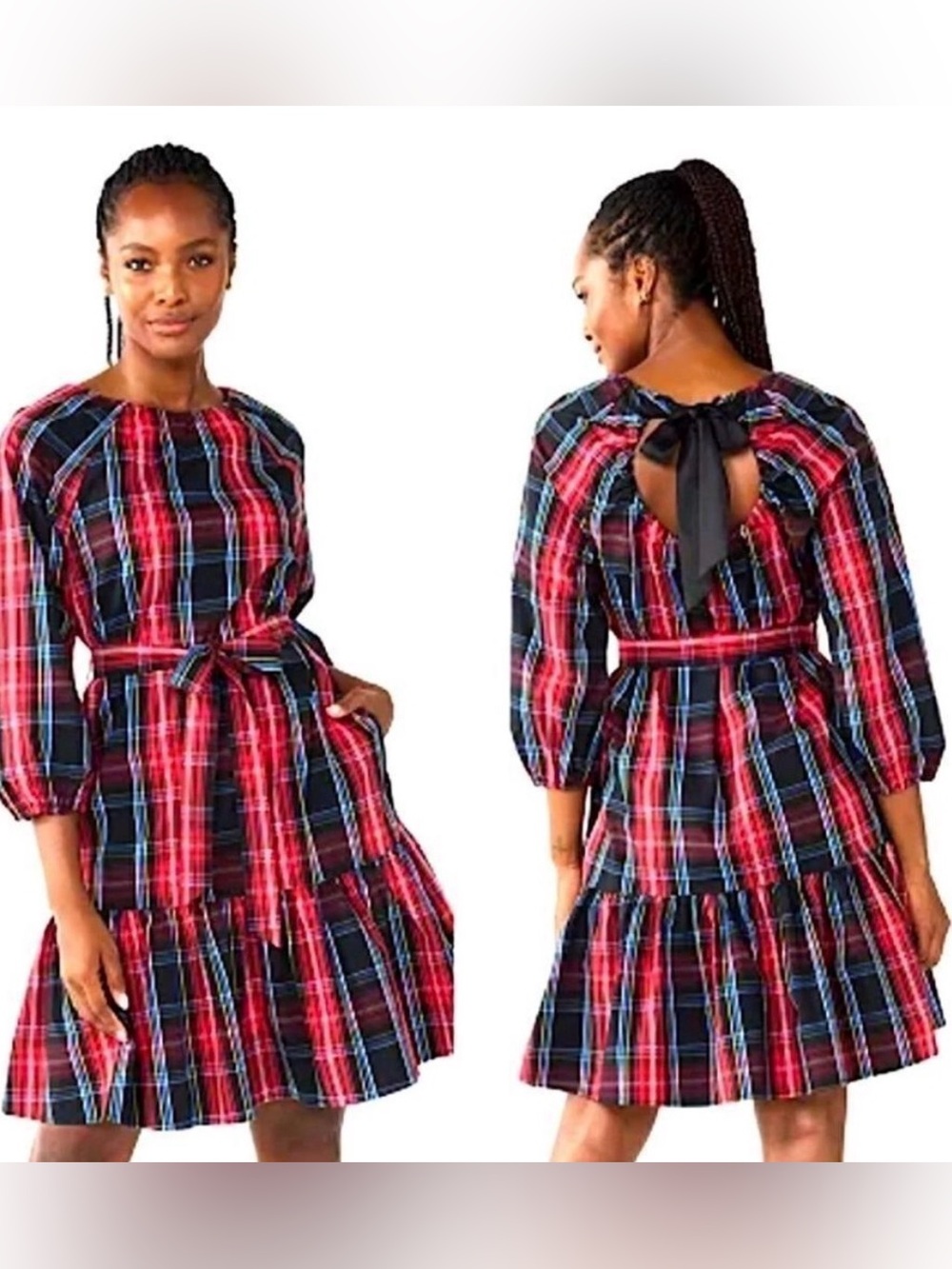 Draper James RSVP Long Sleeve Tiered Bow Back Dress Holiday Plaid Ruffle Belted - Picture 11 of 11